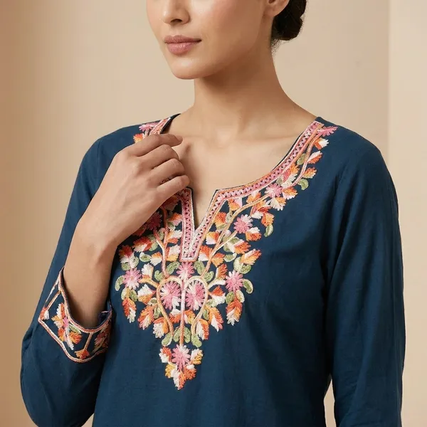 Teal_Blue_Embroidered_Kurti_With_Floral_Threadwork
