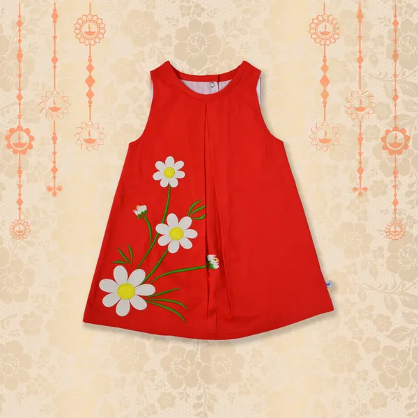 Girls_Organic_Cotton_A-line_Dress_with_Floral_Embriodery-Red
