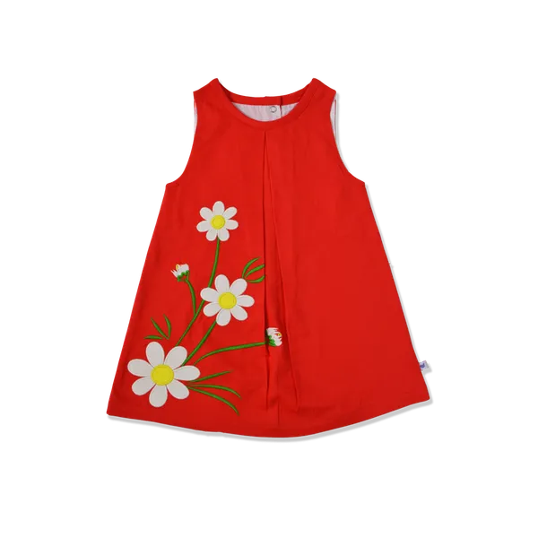 Girls_Organic_Cotton_A-line_Dress_with_Floral_Embriodery-Red