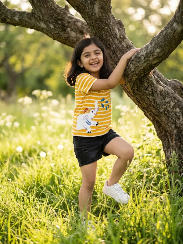 Girls_Organic_Cotton_Interlock_Short_Sleeve_Stripe_And_Elephant_Print_Top_Gold
