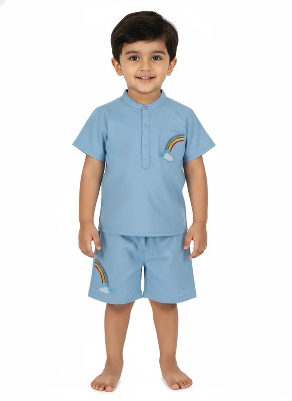 Organic_Cotton_Poplin_Half_Sleeves_Rainbow_Embroidery_Shirt_And_Shorts_Set_Tide_Blue