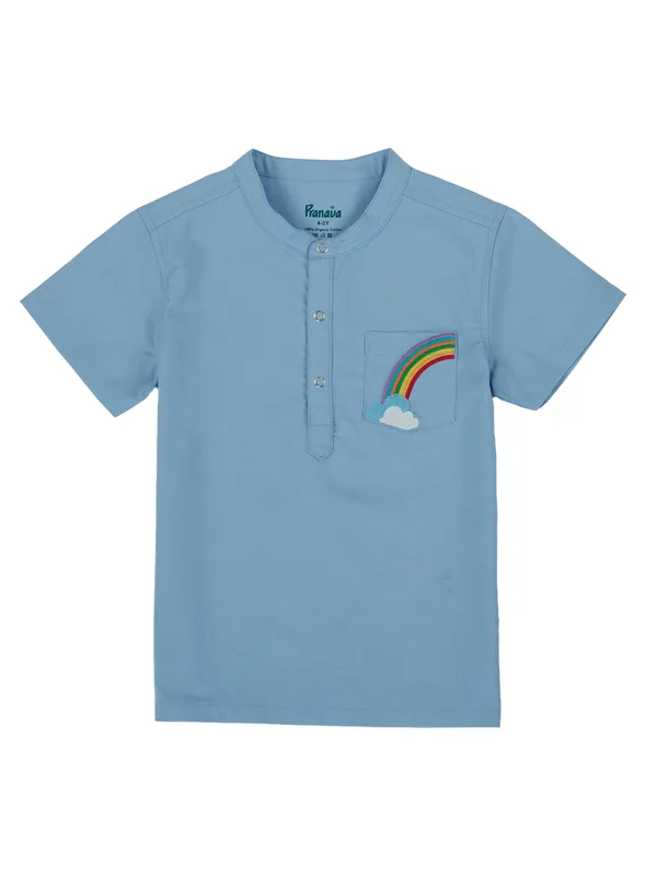 Organic_Cotton_Poplin_Half_Sleeves_Rainbow_Embroidery_Shirt_And_Shorts_Set_Tide_Blue