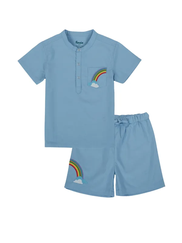 Organic_Cotton_Poplin_Half_Sleeves_Rainbow_Embroidery_Shirt_And_Shorts_Set_Tide_Blue