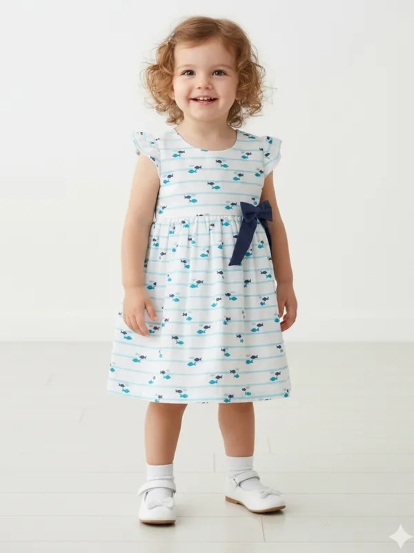 Girls_Sleeveless_Fish_Print_Frock_With_Navy_Bow_Lightweight_Summer_Dress