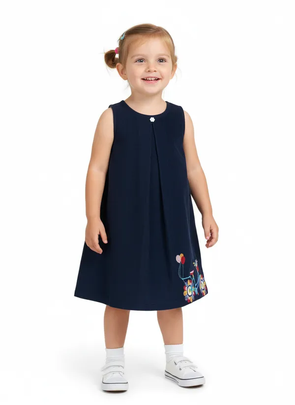 Girls_Organic_Cotton_Navy_Blue_Dress_Sleeveless_A_Line_With_Bicycle_Embroidery