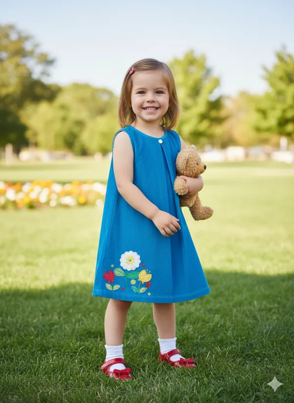 Girls_A_Line_Sleeveless_Organic_Cotton_Corduroy_Dress_Blue,_Embroidered_Floral_Hem