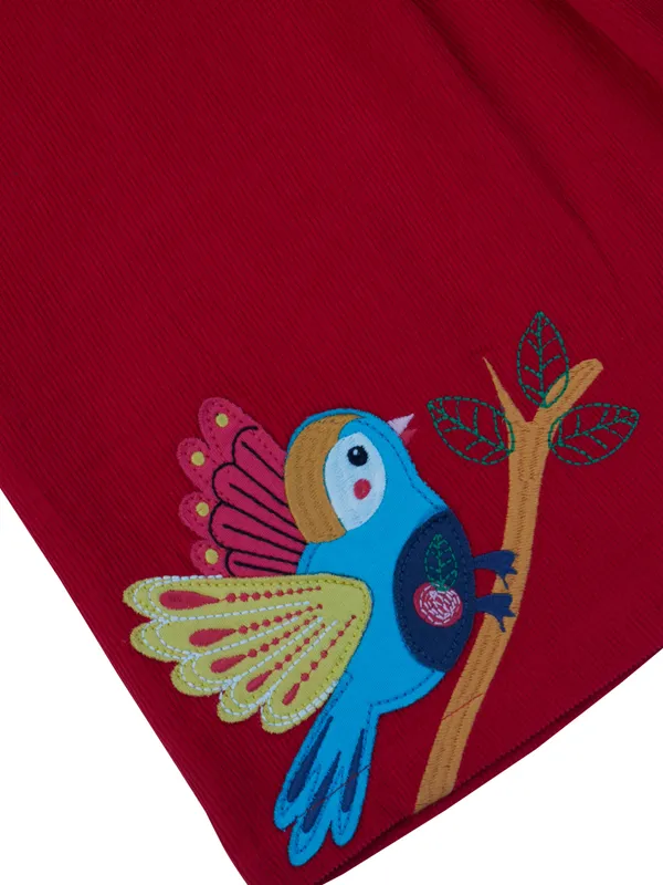 Girls_Organic_Cotton_Red_Corduroy_Dress_Sleeveless,_A_Line,_Parrot_Embroidery,_Comfortable_And_Soft