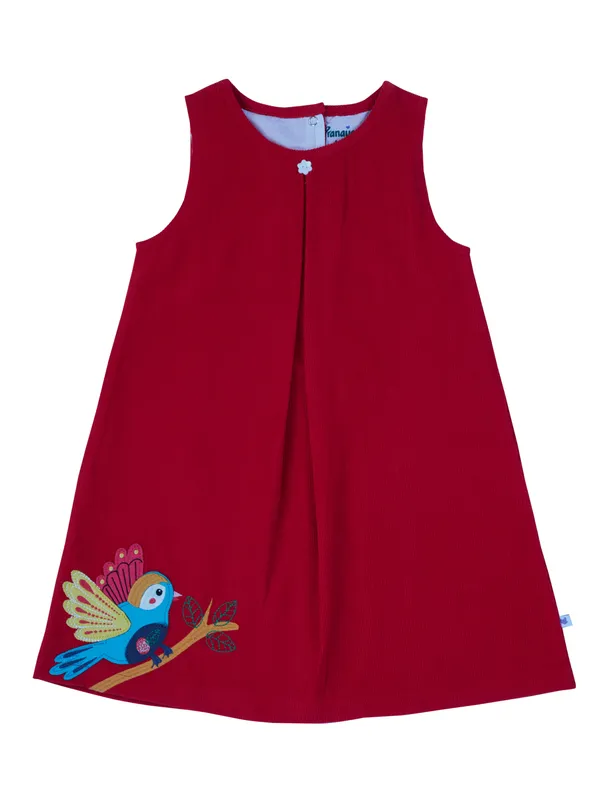 Girls_Organic_Cotton_Red_Corduroy_Dress_Sleeveless,_A_Line,_Parrot_Embroidery,_Comfortable_And_Soft