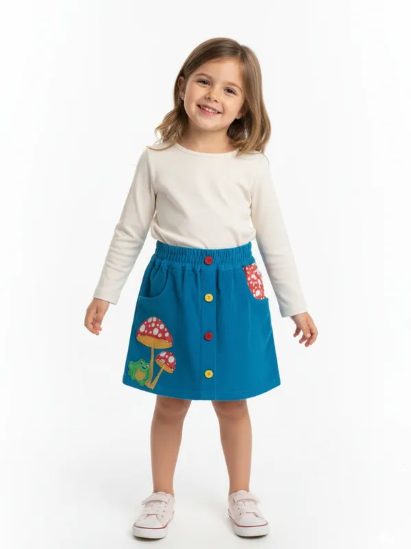 Girls_Organic_Cotton_Corduroy_Skirt,_Blue_Embroidered_Frog_And_Mushroom_Applique