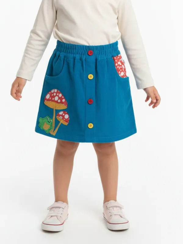 Girls_Organic_Cotton_Corduroy_Skirt,_Blue_Embroidered_Frog_And_Mushroom_Applique