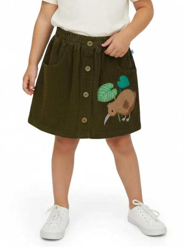 Girls_Organic_Cotton_Corduroy_Skirt_With_Kiwi_Bird_Embroidery_Brown