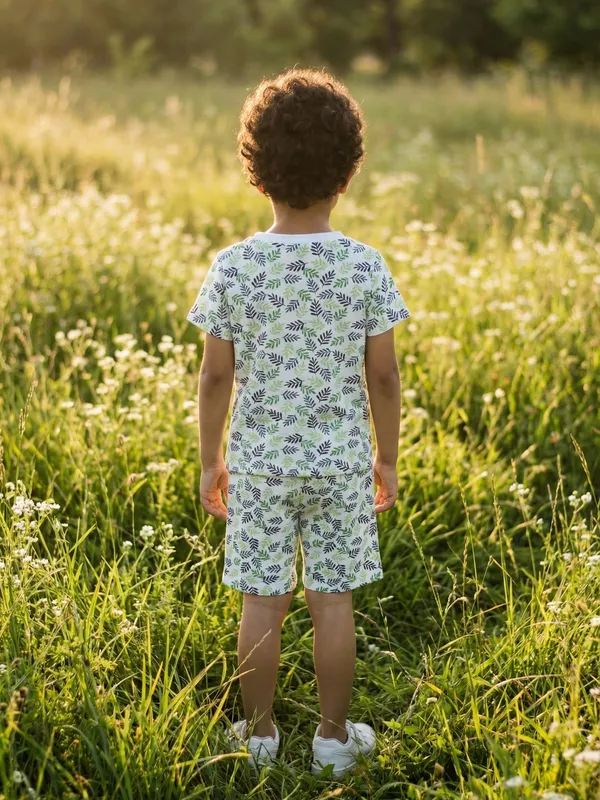 Boys_Organic_Cotton_Single_Jersey_Short_Sleeve_Leaf_All_Over_Print_T_Shirt_And_Shorts_Set_White