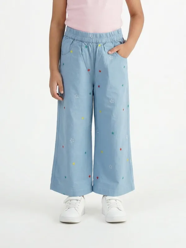 Girls_Organic_Cotton_Poplin_Ankle_Length_Stars_Pant_Blue