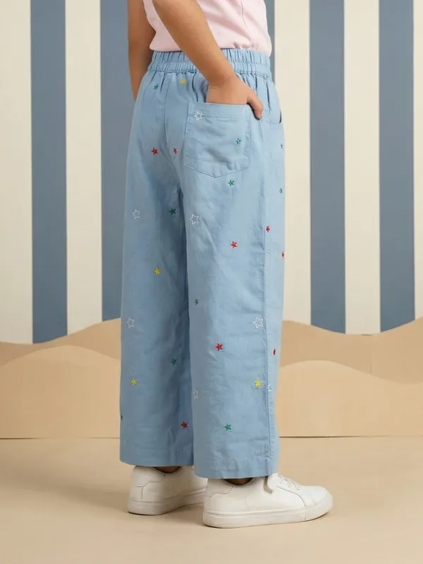 Girls_Organic_Cotton_Poplin_Ankle_Length_Stars_Pant_Blue