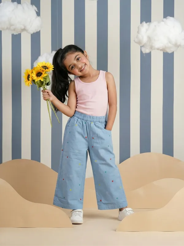Girls_Organic_Cotton_Poplin_Ankle_Length_Stars_Pant_Blue