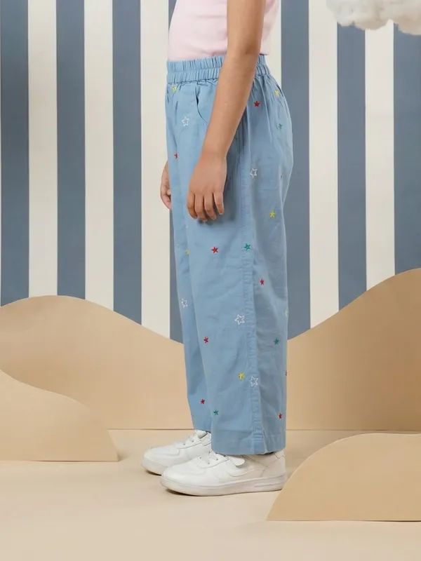 Girls_Organic_Cotton_Poplin_Ankle_Length_Stars_Pant_Blue