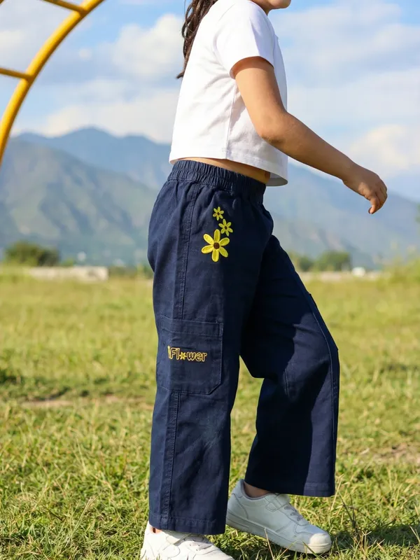Girls_Organic_Cotton_Heavy_Weight_Twill_Ankle_Length_Flowers_Embroidered_Pant_Navy
