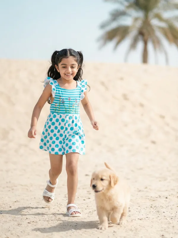 Girls_Organic_Cotton_Interlock_Sleev_Less_Polka_Dots_Print_And_Flower_Embroidered_Dress_Blue