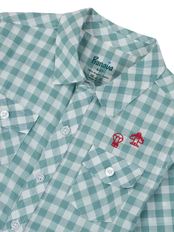 Organic_Cotton_Poplin_Full_Sleeves_Embroidered_Gingham_Check_Shirt_Green