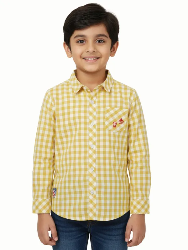 Organic_Cotton_Poplin_Full_Sleeves_Embroidery_On_The_Pocket_Checkered_Shirt_Yellow