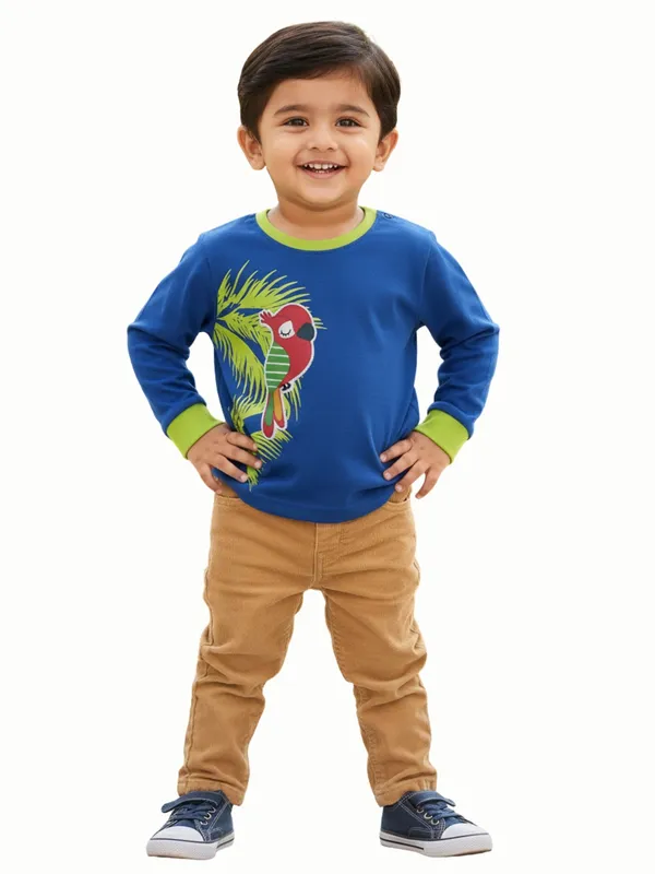 Organic_Cotton_Interlock_Full_Sleeves_Tropical_Print_With_Parrot_Applique_T_Shirt_Blue_Tang