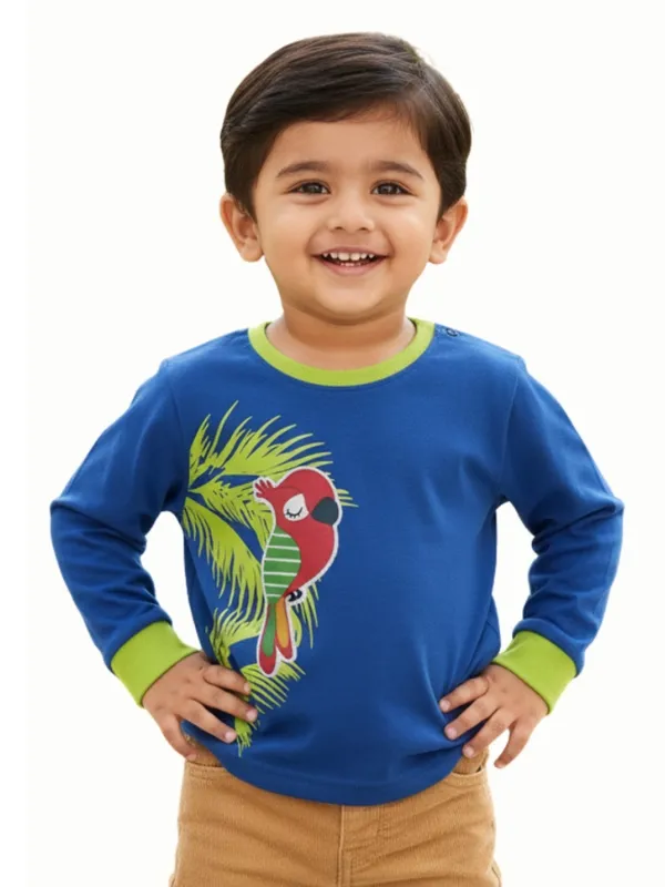 Organic_Cotton_Interlock_Full_Sleeves_Tropical_Print_With_Parrot_Applique_T_Shirt_Blue_Tang