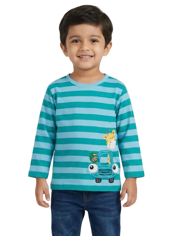 Organic_Cotton_Knits_Full_Sleeve_Giraffe_With_Car_Applique_Stripe_T_Shirt_Teal_And_Light_Blue