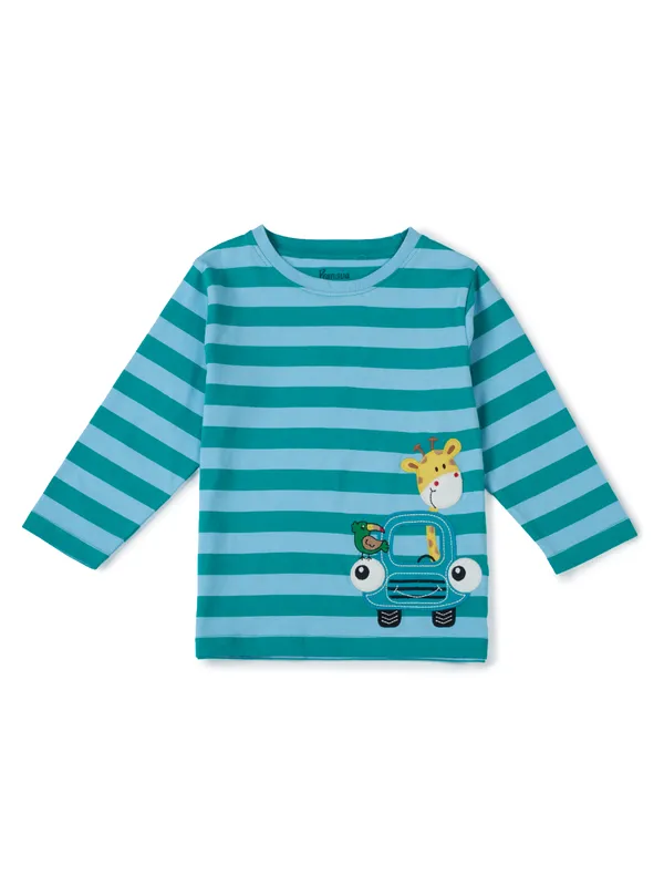 Organic_Cotton_Knits_Full_Sleeve_Giraffe_With_Car_Applique_Stripe_T_Shirt_Teal_And_Light_Blue