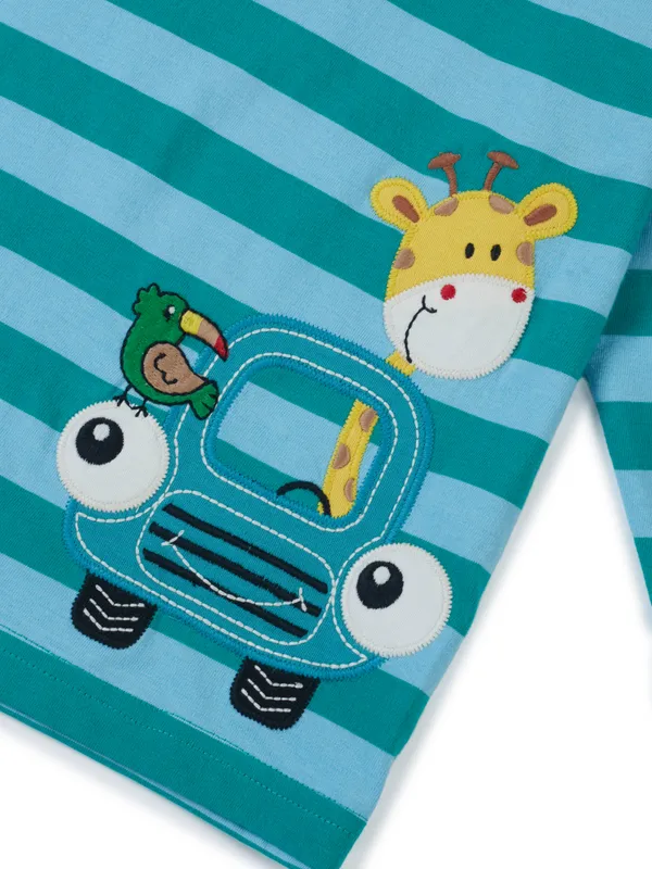Organic_Cotton_Knits_Full_Sleeve_Giraffe_With_Car_Applique_Stripe_T_Shirt_Teal_And_Light_Blue