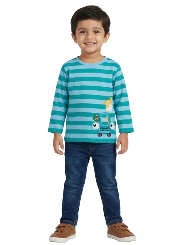 Organic_Cotton_Knits_Full_Sleeve_Giraffe_With_Car_Applique_Stripe_T_Shirt_Teal_And_Light_Blue