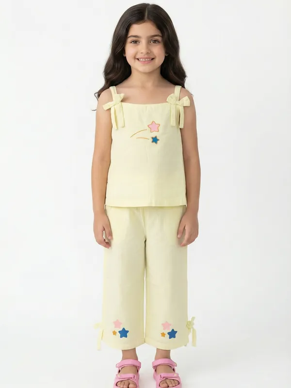 Girls_Organic_Cotton_Cambric_Sleevless_Star_And_3_Stars_Glitter_Print_Baby_Camisole_And_Pant_Set_Yellow