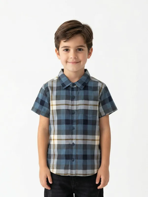 Boys_Organic_Cotton_Checks_Short_Sleev_Solid_Shirt_Blue