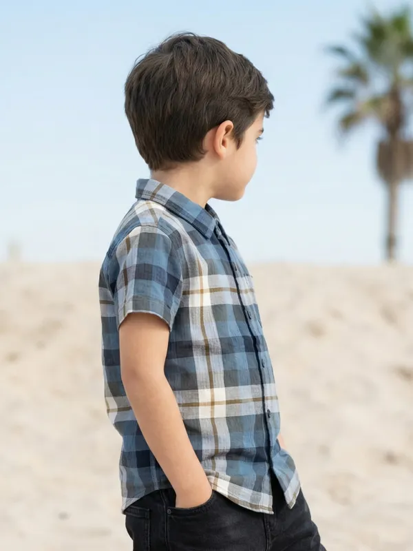 Boys_Organic_Cotton_Checks_Short_Sleev_Solid_Shirt_Blue