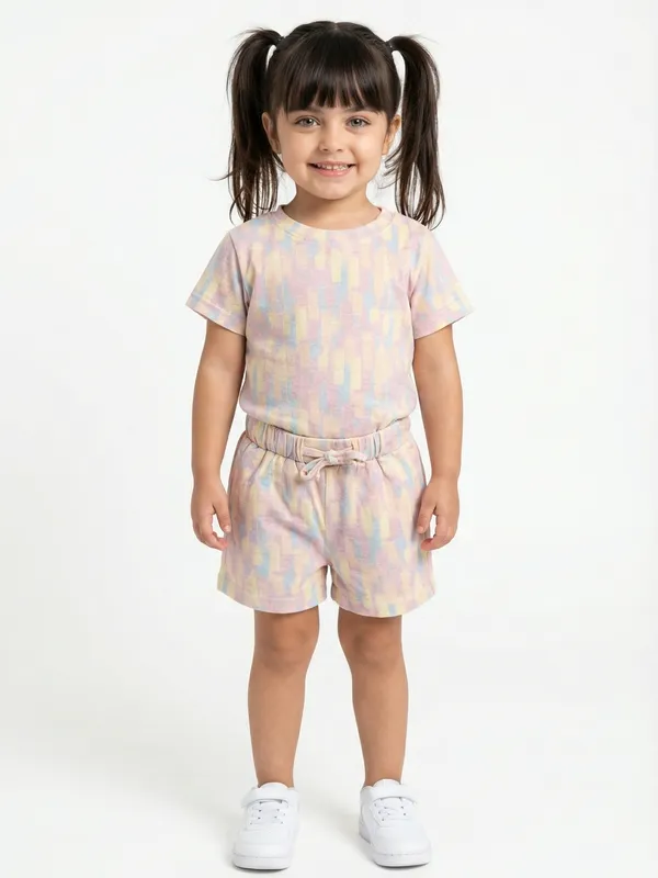 Girls_Organic_Cotton_Single_Jersey_Short_Sleev_All_Over_Print_Top_And_Shorts_Set_Cream