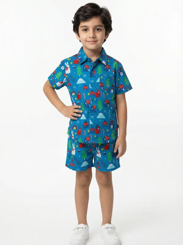 Unisex_Organic_Cotton_Twill_Short_Sleev_Solid_Shirt_And_Shorts_Blue