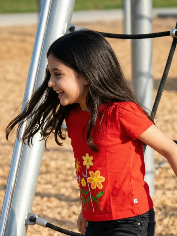 Girls_Organic_Cotton_Single_Jersey_Short_Sleev_Flower_Embroidered_Top_Red