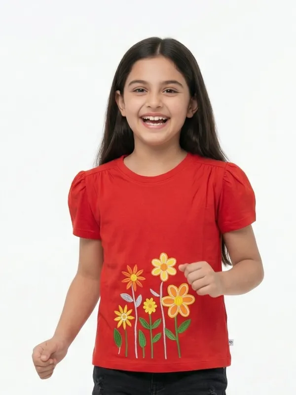 Girls_Organic_Cotton_Single_Jersey_Short_Sleev_Flower_Embroidered_Top_Red