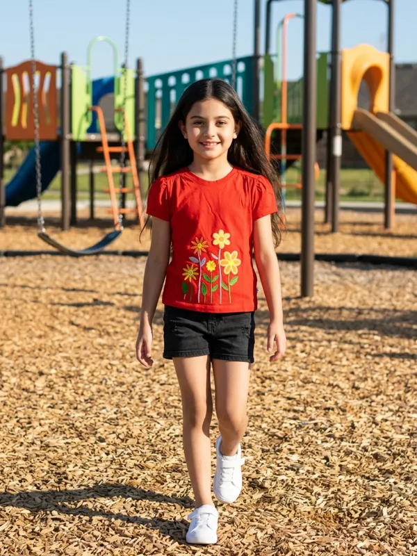 Girls_Organic_Cotton_Single_Jersey_Short_Sleev_Flower_Embroidered_Top_Red