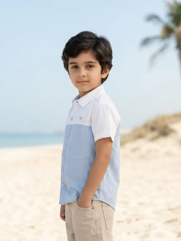Boys_Organic_Cotton_Poplin_Short_Sleeve_Heart_Logo_Applique_Shirt_Blue