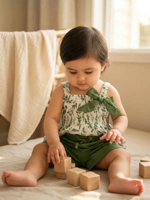 Girls_Organic_Cotton_Cambric_Sleevless_Leaf_Print_Top_And_Shorts_Set_Green