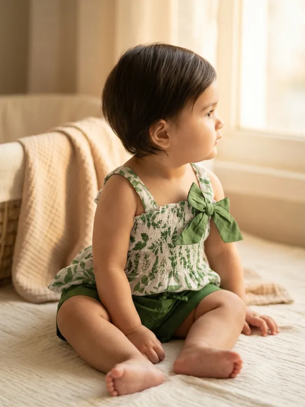 Girls_Organic_Cotton_Cambric_Sleevless_Leaf_Print_Top_And_Shorts_Set_Green