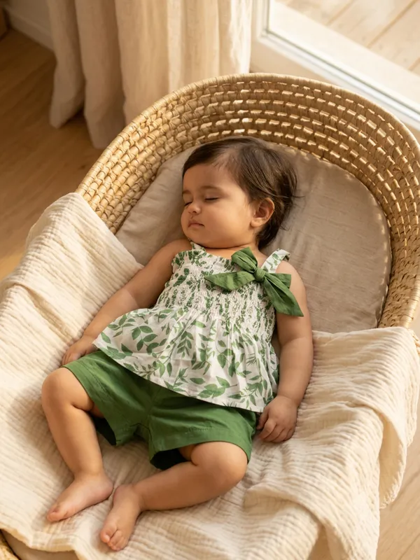 Girls_Organic_Cotton_Cambric_Sleevless_Leaf_Print_Top_And_Shorts_Set_Green
