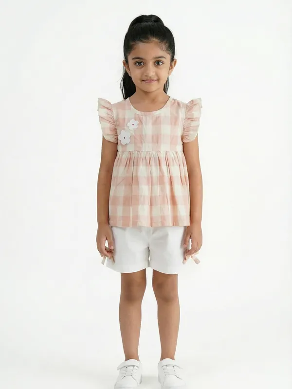 Girls_Organic_Cotton_Checks_Sleevless_Flowers_Applique_Top_And_Shorts_Set_Pink