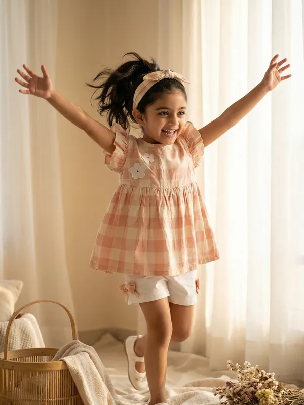 Girls_Organic_Cotton_Checks_Sleevless_Flowers_Applique_Top_And_Shorts_Set_Pink