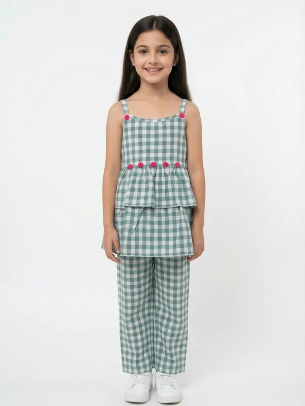 Girls_Organic_Cotton_Checks_Sleevless_Flowers_Applique_Strap_Top_And_Pant_Set_Blue