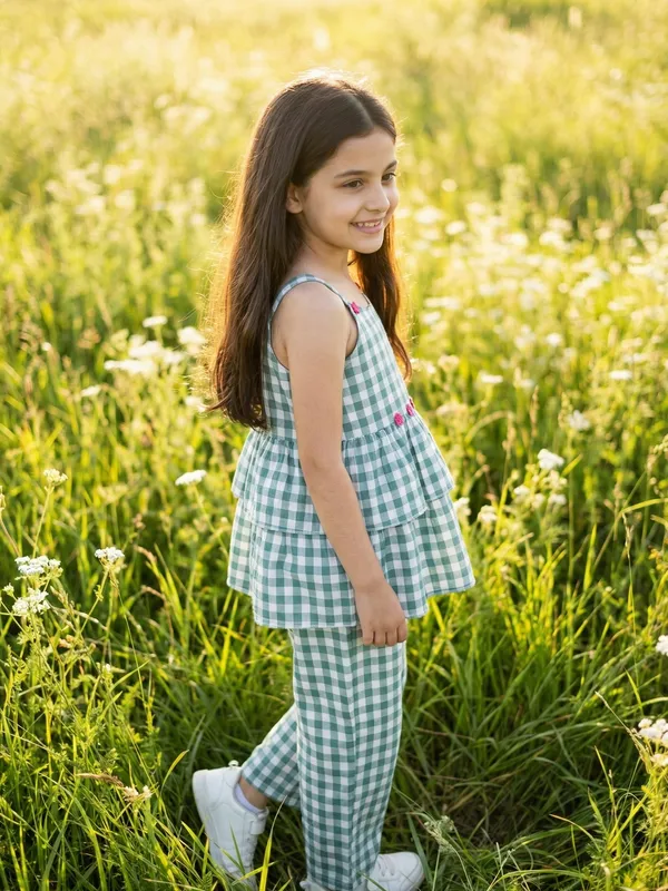 Girls_Organic_Cotton_Checks_Sleevless_Flowers_Applique_Strap_Top_And_Pant_Set_Blue