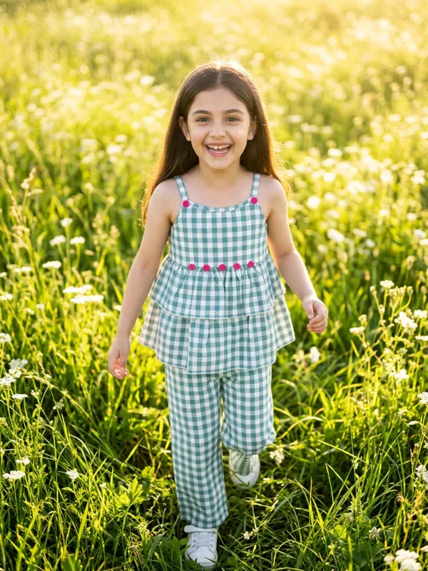 Girls_Organic_Cotton_Checks_Sleevless_Flowers_Applique_Strap_Top_And_Pant_Set_Blue