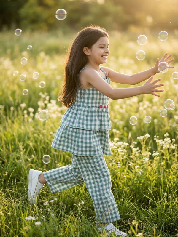 Girls_Organic_Cotton_Checks_Sleevless_Flowers_Applique_Strap_Top_And_Pant_Set_Blue