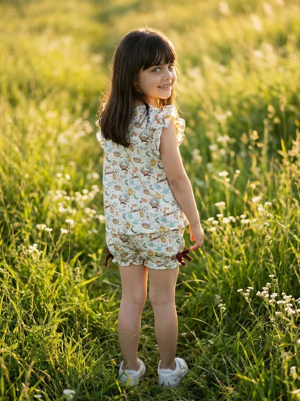 Girls_Organic_Cotton_Single_Jersey_Sleevless_All_Over_Print_Top_And_Gathered_Shorts_White_And_Green