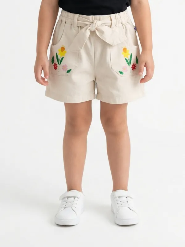 Girls_Organic_Cotton_Drill_Knee_Length_Floral_Embroidered_Pocket_Shorts_Beige